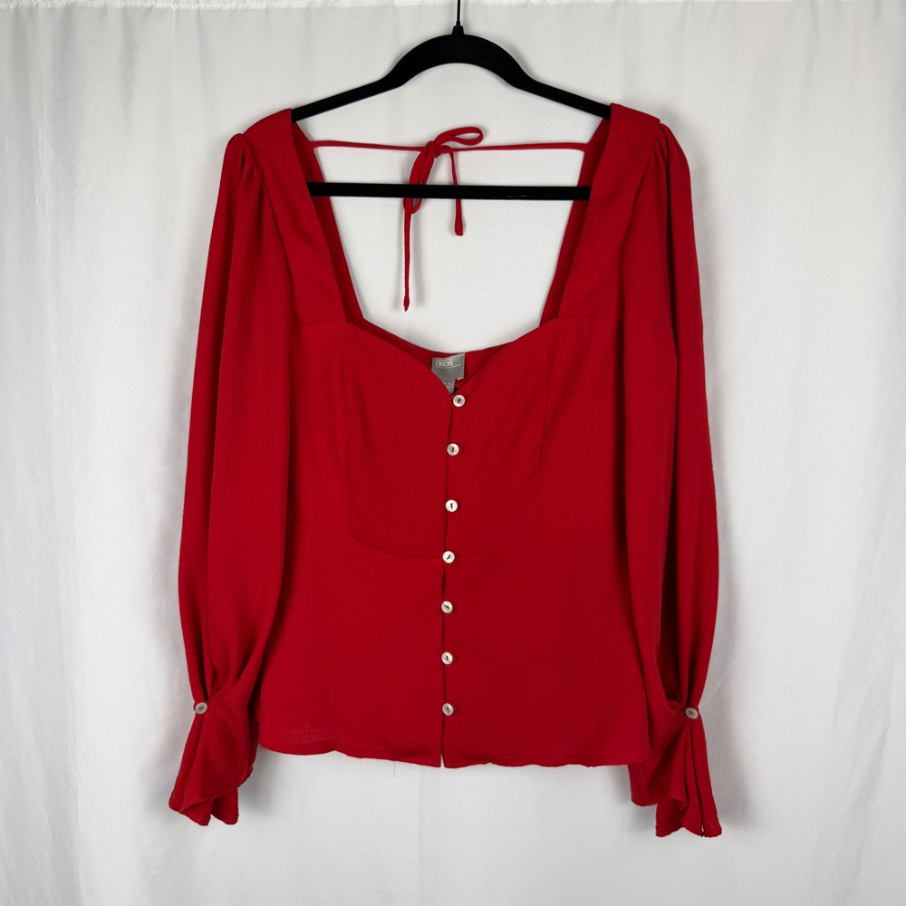ASOS Corset Blouse Top Women 8 Red Square Neck Puff Sleeve Tie Back Button Front